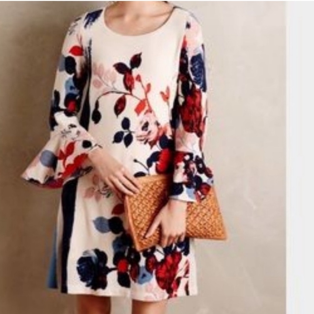 Maeve Anthropologie Bell Sleeve Floral Anthousai swing shift sweater dress sz XS - Picture 2 of 16